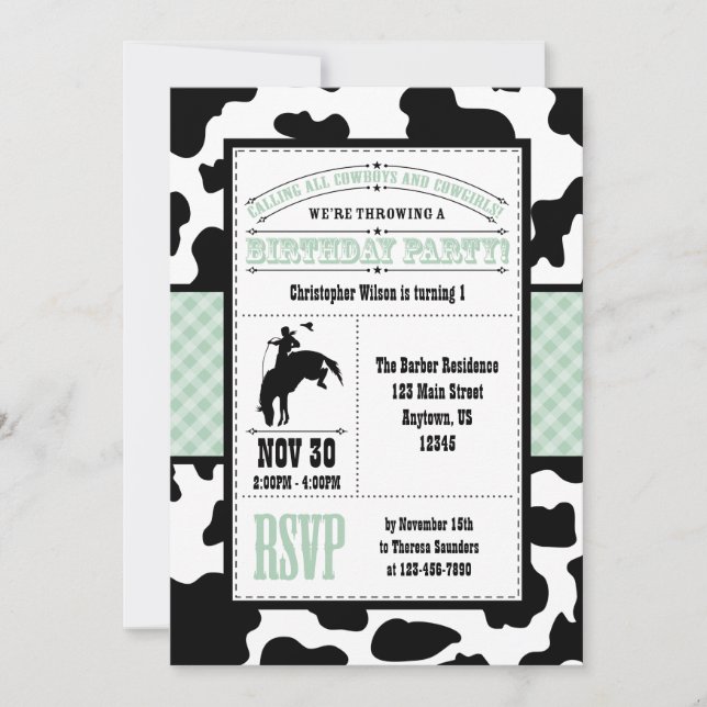 Mint Green Cowhide Cowboy Birthday Invitation (Front)