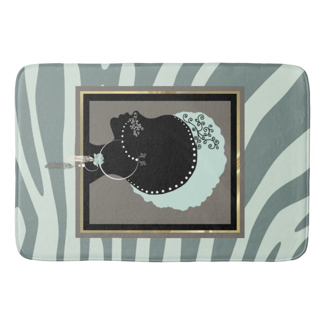 Mint green, cream and black zebra print bath mat (Front)