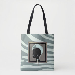 Mint green, cream, and black zebra print tote bag