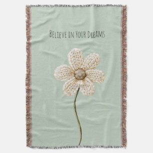Mint Green Cream Faux Knit Flower Throw Blanket