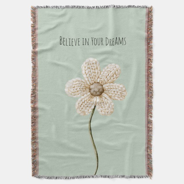 Mint Green Cream Faux Knit Flower Throw Blanket (Front Vertical)