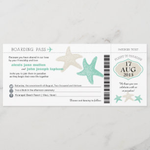 Mint Green Cream Starfish Boarding Pass Wedding Invitation