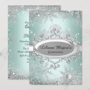 Mint Green Crystal Snowflake Princess Quinceanera Invitation