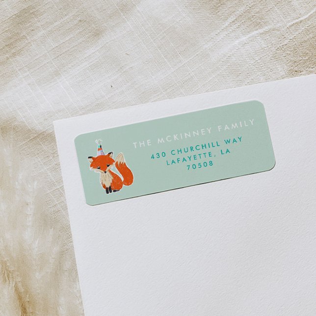 Mint Green Cute Fox Party Hat Woodland (Fox in a birthday party hat mint green return address label.)