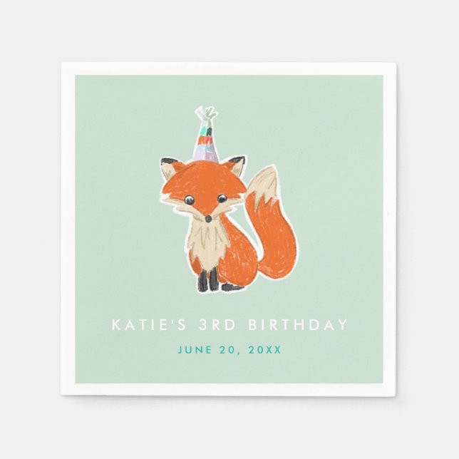 Mint Green Cute Fox Party Hat Woodland Birthday Napkin (Front)