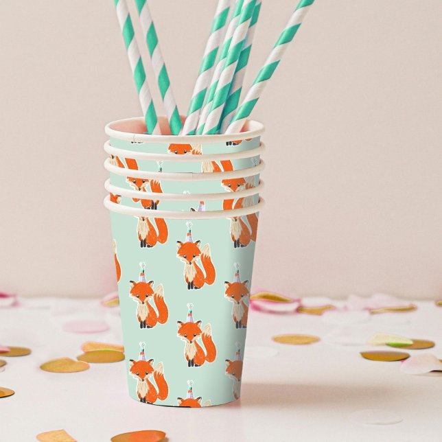 Mint Green Cute Fox Party Hat Woodland Birthday Paper Cups (Illustrated fox in a party hat birthday paper cups.)