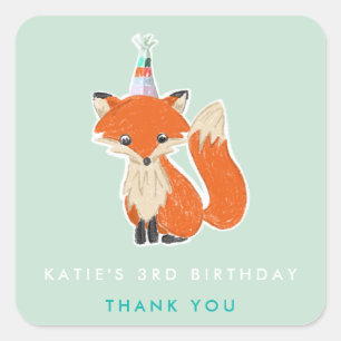 Mint Green Cute Fox Party Hat Woodland Birthday Square Sticker