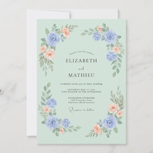 Mint Green Dainty Flora Wedding Invitation (Front)