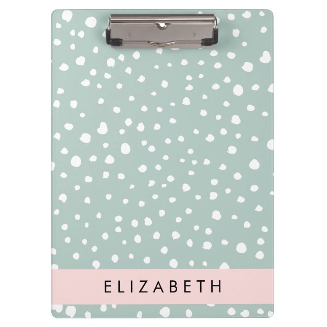 Mint Green Dalmatian Dots, Spots, Your Name Clipboard (Front)