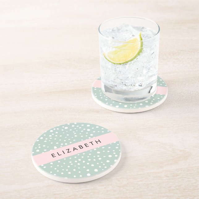 Mint Green Dalmatian Dots, Spots, Your Name Coaster (Side)