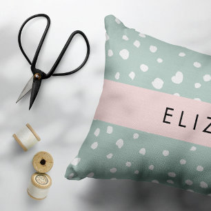Mint Green Dalmatian Dots, Spots, Your Name Decorative Cushion