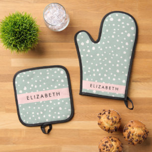 Mint Green Dalmatian Dots, Spots, Your Name Oven Mitt & Pot Holder Set