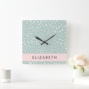 Mint Green Dalmatian Dots, Spots, Your Name Square Wall Clock