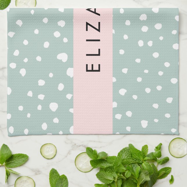 Mint Green Dalmatian Dots, Spots, Your Name Tea Towel (Folded)