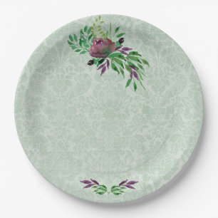 Mint Green Damask Custom Paper Plates 9"