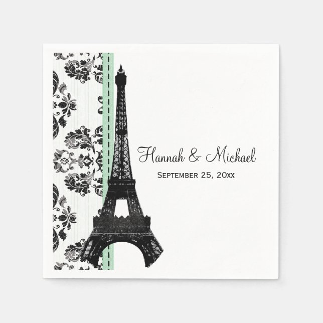 Mint Green Damask Eiffel Tower Wedding Napkin (Front)