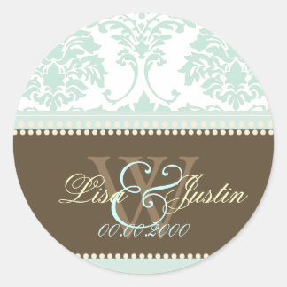 Mint Green Damask monogram wedding/DIY fonts+colou Classic Round Sticker