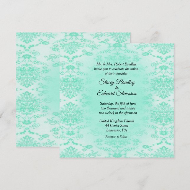Mint Green Damask Wedding Invitation (Front/Back)