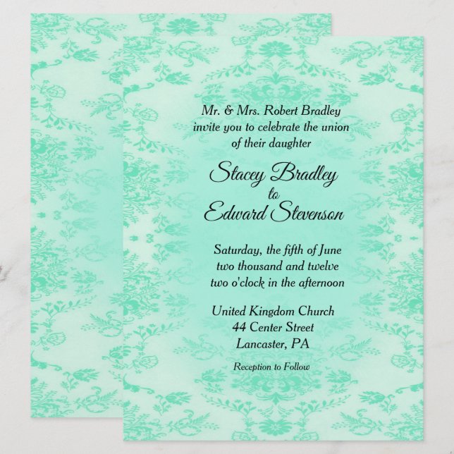 Mint Green Damask Wedding Invitation (Front/Back)
