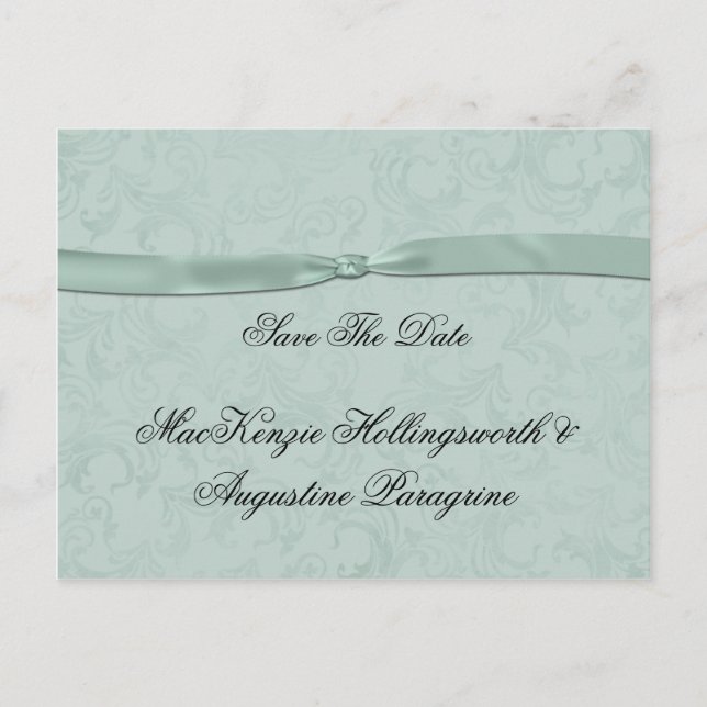 Mint Green Damask With Mint Ribbon Save The Date Announcement Postcard (Front)