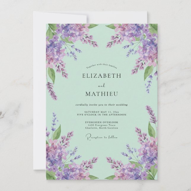Mint Green Delicate Lavender Wedding Invitation (Front)