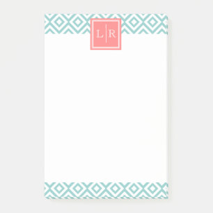Mint Green Diamonds Pattern and Monogram Post-it Notes