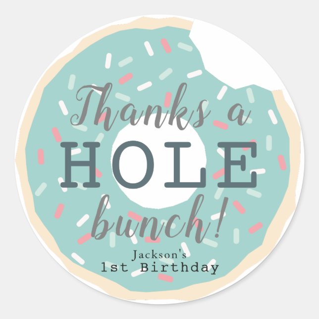 Mint Green Doughnut Boy's Birthday Thank You Classic Round Sticker (Front)