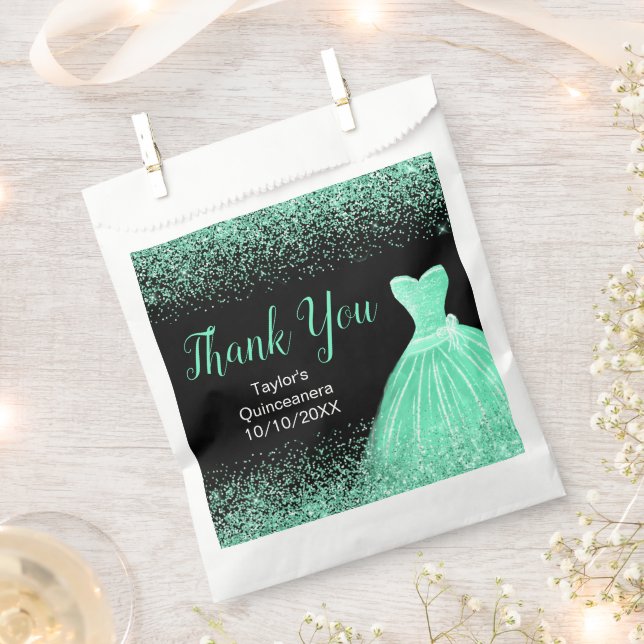 Mint Green Dress Faux Glitter Quinceanera Favour Bags (Clipped)