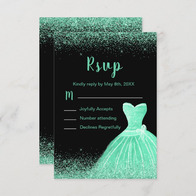 Mint Green Dress Faux Glitter Quinceanera RSVP Card (Front/Back)