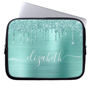 Mint Green Dripping Glitter Personalised Laptop Sleeve