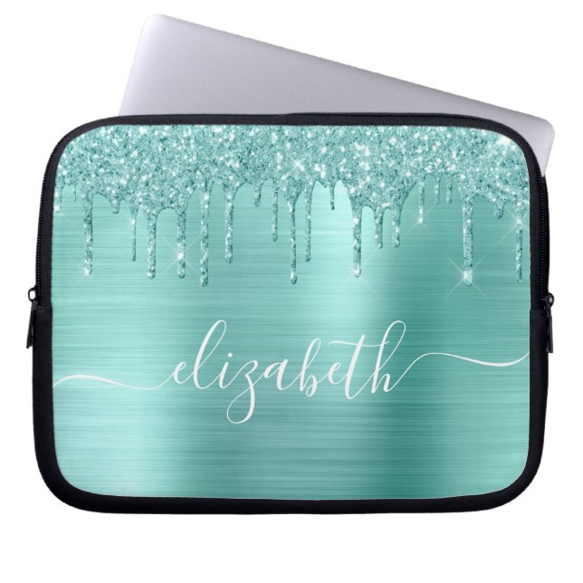 Mint Green Dripping Glitter Personalised Laptop Sleeve (Front)