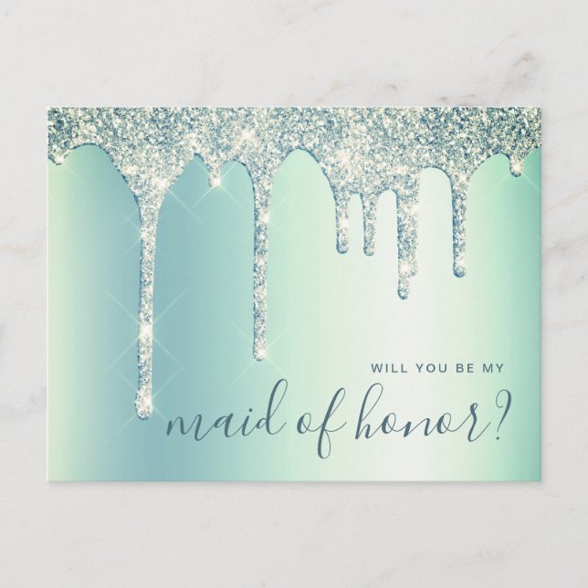 Mint green drips will you be my maid of honour invitation postcard (Front)