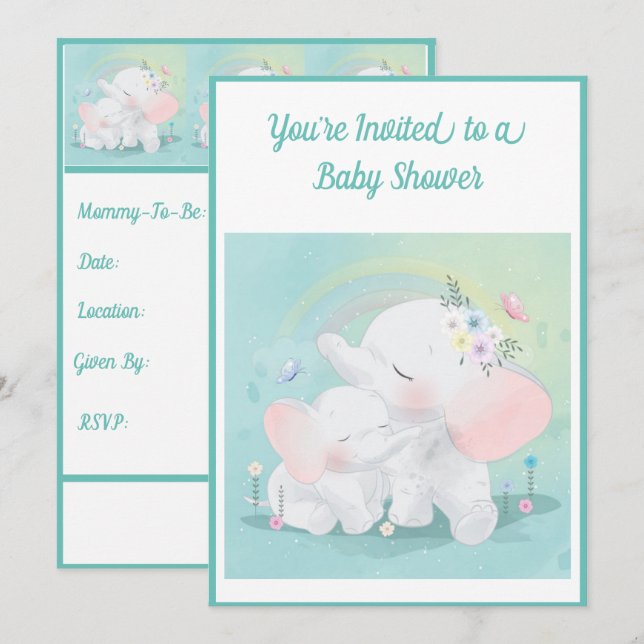 Mint Green Elephant Boy Girl Baby Shower Invitation (Front/Back)