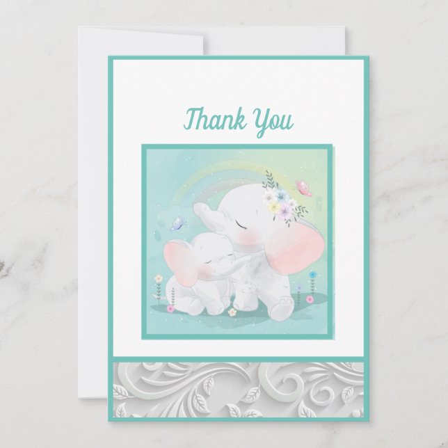 Mint Green Elephant Boy Girl Baby Shower Thank You Card (Front)
