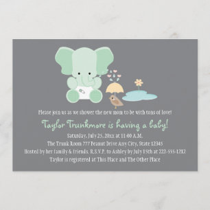 Mint Green Elephant Little Bird Baby Shower Invitation
