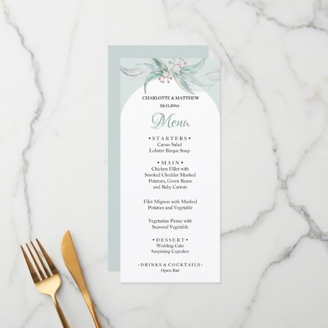 Mint Green Eucalyptus Watercolor Hand-painted Menu (Front/Back In Situ)