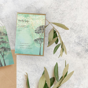 Mint Green Fairy Lights Woodsy Wedding RSVP Invitation