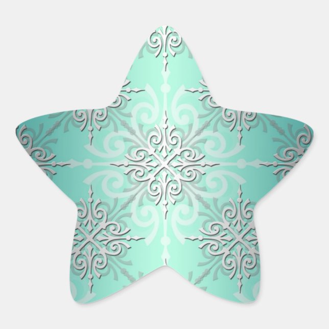 Mint Green Fancy Damask Pattern Star Sticker (Front)