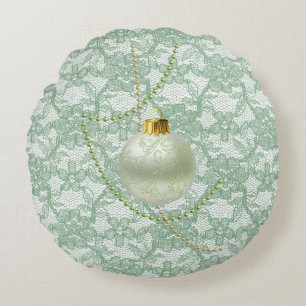Mint Green Faux Floral Lace Garland & Ornament Round Cushion