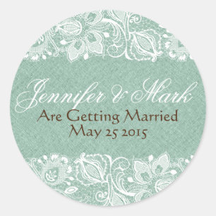 Mint-Green Faux Linen Burlap & White Floral Lace Classic Round Sticker