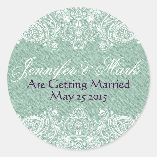 Mint-Green Faux Linen Burlap & White Paisley Lace Classic Round Sticker (Front)