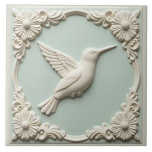 Mint green faux relief Art Nouveau Hummingbird  Tile