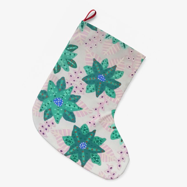 Mint Green Festive Floral Print  Large Christmas Stocking (Front (Hanging))