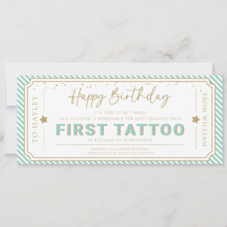 Mint Green First Tattoo Birthday Gift Voucher Invitation