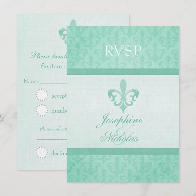 Mint green Fleur De Lis formal wedding RSVP Invitation (Front/Back)
