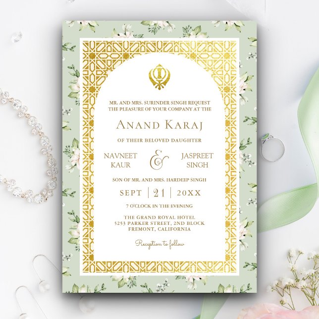 Mint Green Floral Anand Karaj Punjabi Sikh Wedding Invitation (Creator Uploaded)
