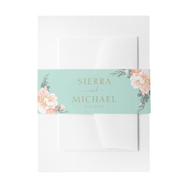 Mint Green Floral Blush Peach Cream Gold Wedding Invitation Belly Band (Front Example)