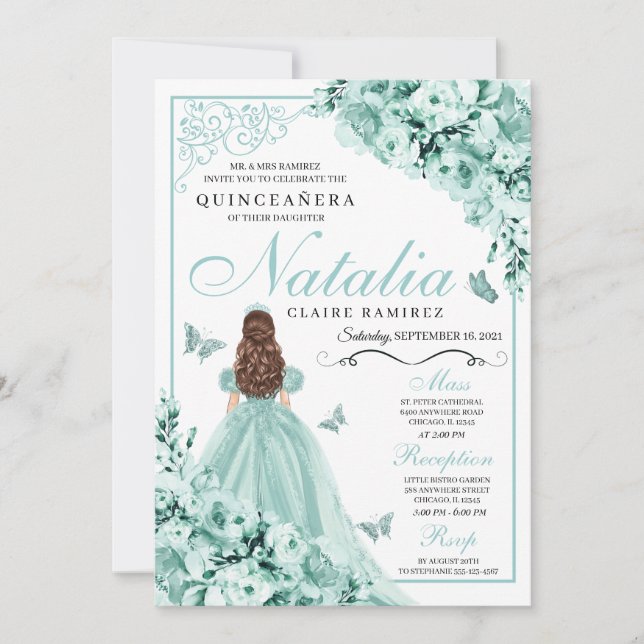 Mint Green Floral Butterflies Quinceanera Invitation (Front)