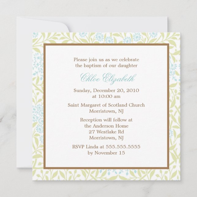 Mint Green Floral Damask Christening Invitation (Front)
