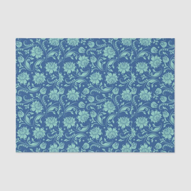 Mint-green Floral Damasks Over Blue Background Tissue Paper (Front)